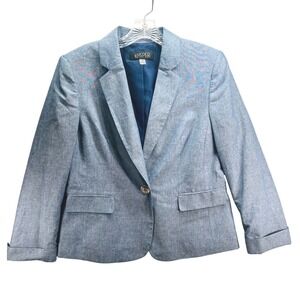 Kasper Womens Blue Chambray Single Button Blazer Jacket Petite 10P Office Wear